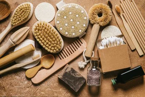 Zero waste concept. Set of eco friendly bathroom and kitchen accessories on a Stock Photos