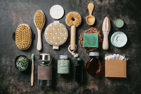 Zero waste concept. Set of natural skin care products, eco friendly bathroom Stock Photos