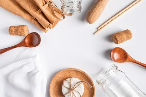 Zero waste concept. Set recycled home accessories - eco-friendly bags and w.. Stock Photos