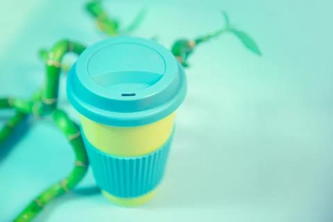 Zero waste concept. Stylish reusable eco coffee cup and green bamboo leaves. Stock Photos
