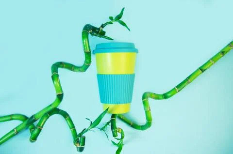 Zero waste concept. Stylish reusable eco coffee cup and green bamboo leaves. Foto stock