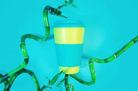 Zero waste concept. Stylish reusable eco coffee cup and green bamboo leaves. Stock Photos