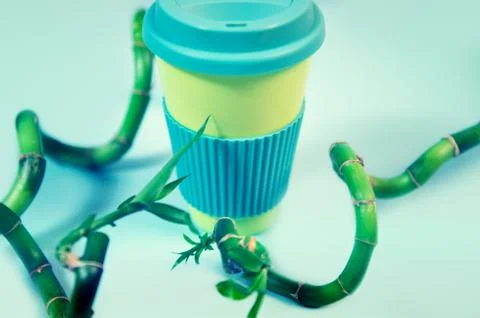 Zero waste concept. Stylish reusable eco coffee cup and green bamboo leaves. Stock Photos