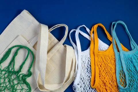 Zero waste concept. Textile eco bags on blue background Foto stock