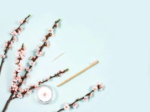 Zero waste concept. Toothbrush, tooth powder and soap on a blue background. Eco Stock Photos