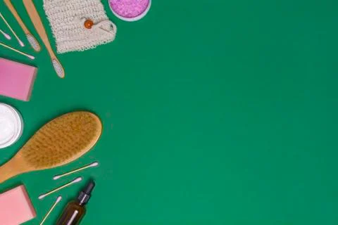 Zero waste cosmetics on green background Stock Photos