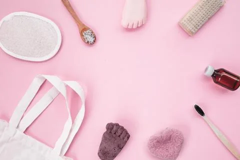 Zero waste cosmetics products on pink background. Stock Photos