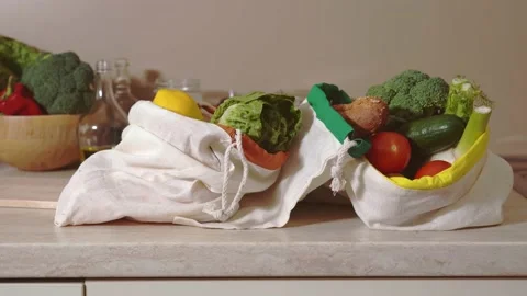 Zero waste cotton bags with food products Stock Footage 148507853