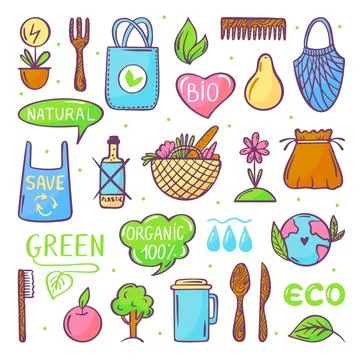Zero waste doodle elements and reusable ecology bags. Wooden fork, food package Stock Illustration