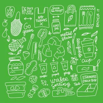 Zero waste doodle elements - tote bag, brush, garbage container, jar, vegetables Stock Illustration