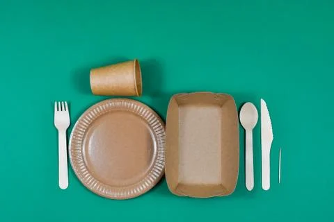 Zero waste, eco-friendly, disposable, cardboard, paper utensils on a green Stock Photos