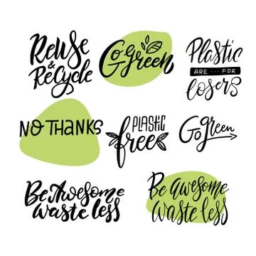 Zero waste, eco friendly, go green, plastic polution big lettering set. Moder Stock Illustration