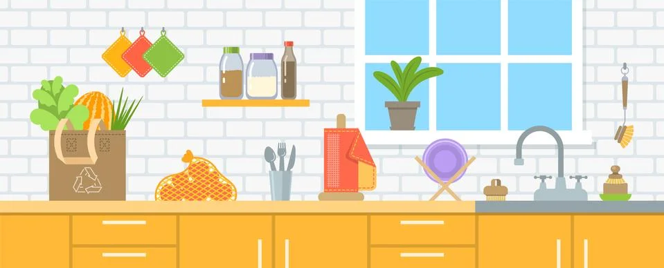 Zero waste eco friendly kitchen interior banner イラスト素材