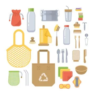 Zero waste eco friendly utensils flat icons set Stock Illustration