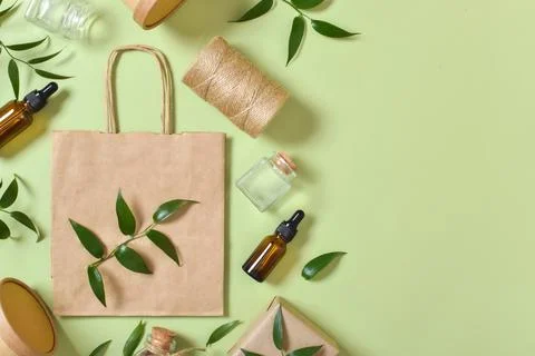 Zero waste eco packaging. Zero waste. Flat layout, top view, place to copy. Stock Photos