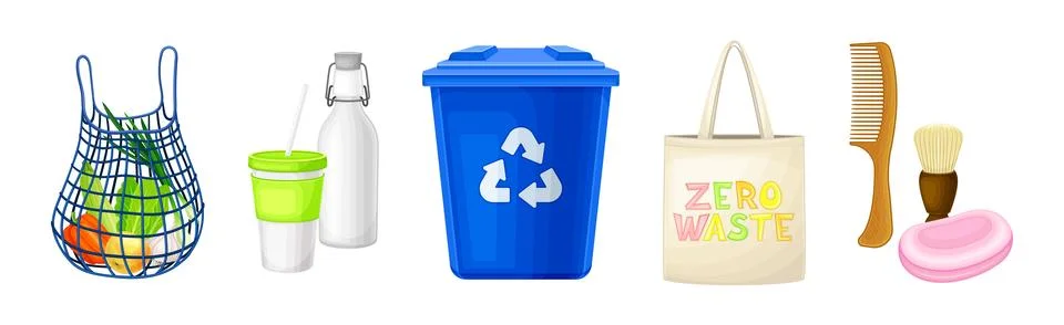 Zero Waste Ecological Object for Safe Environment Vector Set Illustrazione stock