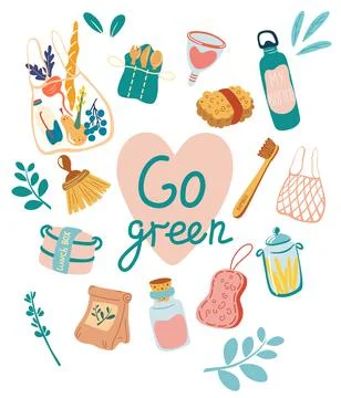 Zero waste elements. Go green concept. No plastic. Set of reusable products:  스톡 일러스트