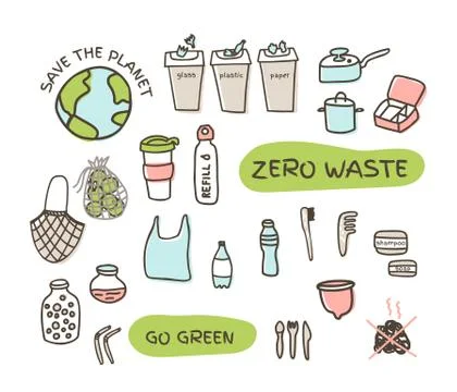 Zero waste elements set fabric bags, glass jars, menstrual cup Illustrazione stock