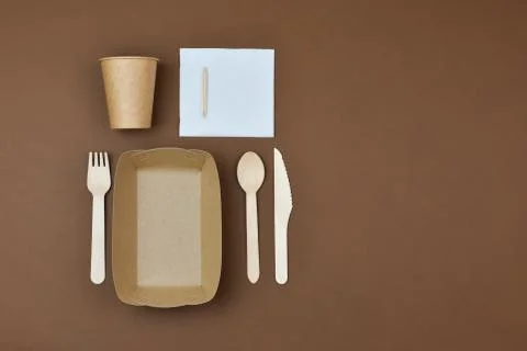 Zero waste, environmentally friendly, disposable paper utensils. View from above Stock Photos