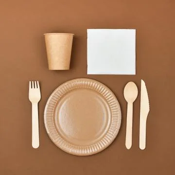 Zero waste, environmentally friendly, disposable, cardboard, wooden utensils. Stock Photos