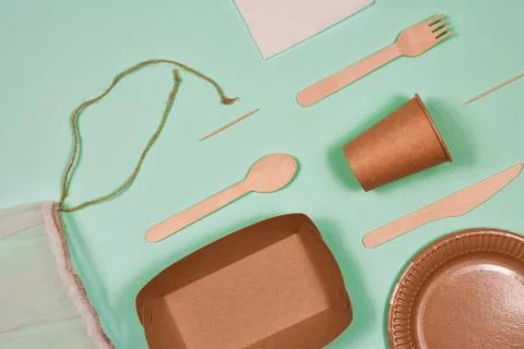 Zero waste, environmentally friendly, disposable, cardboard, paper utensils on a Stock Photos