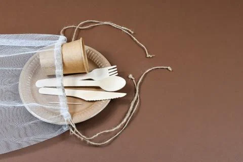 Zero waste, environmentally friendly, disposable, cardboard, paper utensils on a Stock Photos