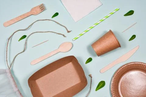 Zero waste, environmentally friendly, disposable, cardboard, paper utensils on a Stock Photos