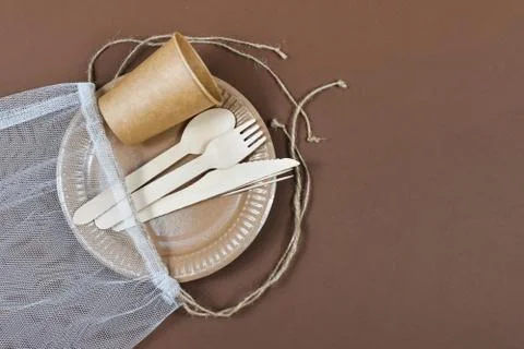 Zero waste, environmentally friendly, disposable, cardboard, paper utensils on a Stock Photos