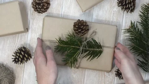 Zero waste gift on merry christmas holiday, preparation with woman hands Stock Footage 166015400