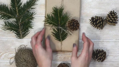 Zero waste gift on merry christmas holiday, preparation with woman hands Stock Footage 166015404