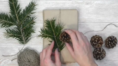 Zero waste gift on merry christmas holiday, preparation with woman hands Stock Footage 166015414