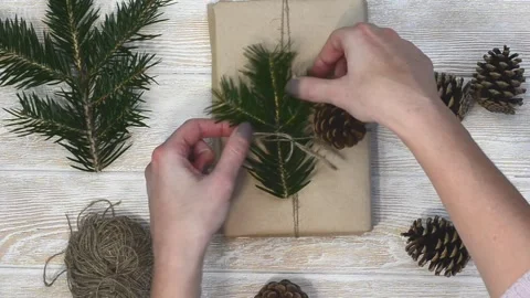 Zero waste gift on merry christmas holiday, preparation with woman hands Stock Footage 166071073