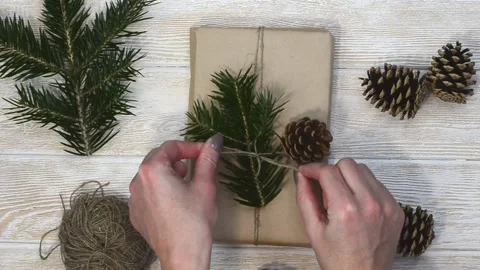 Zero waste gift on merry christmas holiday, preparation with woman hands Stock Footage 166071080