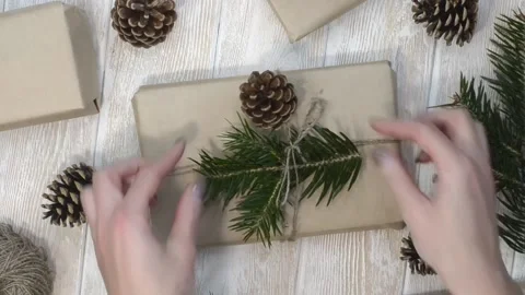 Zero waste gift on merry christmas holiday, preparation with woman hands Stock Footage 166071083