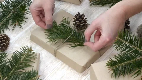 Zero waste gift on merry christmas holiday, preparation with woman hands Stock Footage 166071084