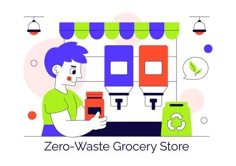 Zero Waste Grocery Store Vector Illustration Featuring Eco Friendly Shoppin.. Stock Illustration