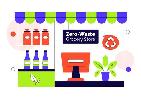 Zero Waste Grocery Store Vector Illustration Featuring Eco Friendly Shoppin.. Stock Illustration
