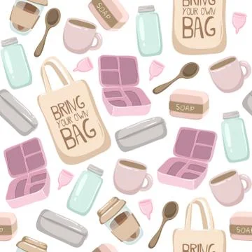 Zero waste hand drawn background. Seamless pattern with zero waste elements. Illustrazione stock