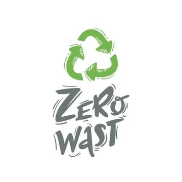 Zero waste handwritten text with green recycling sign isolated on white Stock Illustration