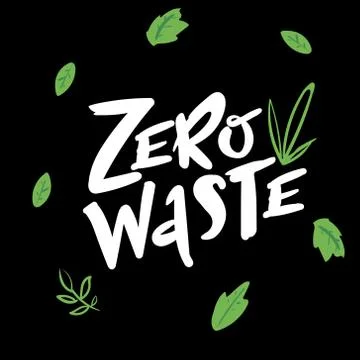 Zero waste handwritten text with green leaves isolated on black background. Zero Illustrazione stock