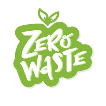 Zero waste handwritten text with green leaves isolated on black background. Zero Stock Illustration
