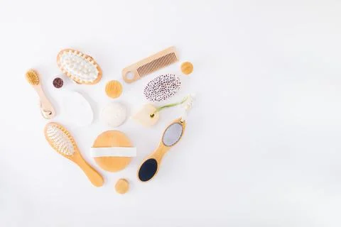 Zero waste kit for self body care in heart shape on white background. Eco Stock Photos