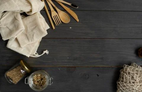 Zero waste kit. Set of eco friendly bamboo cutlery and cleaning brushes, mesh Stock Photos