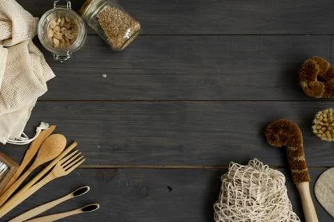 Zero waste kit. Set of eco friendly bamboo cutlery and cleaning brushes, mesh Stock Photos