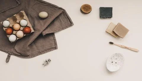 Zero waste kitchen accessories and natural laundry soap. Concept of plastic free Stock Photos