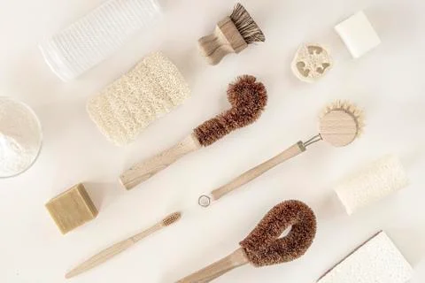 Zero waste kitchen cleaning concept. Eco friendly natural cleaning tools. Stock Photos