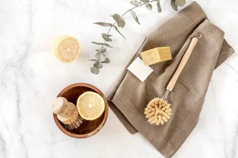 Zero waste kitchen cleaning concept. Eco friendly natural cleaning tools. Stock Photos