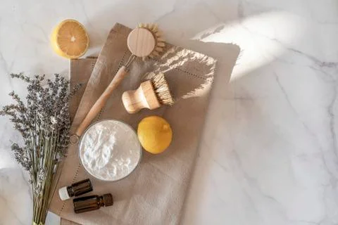 Zero waste kitchen cleaning concept. Eco friendly natural cleaning tools. Stock Photos
