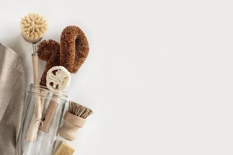 Zero waste kitchen cleaning concept. Eco friendly natural cleaning tools. Stock Photos