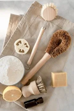 Zero waste kitchen cleaning concept. Eco friendly natural cleaning tools. Stock Photos